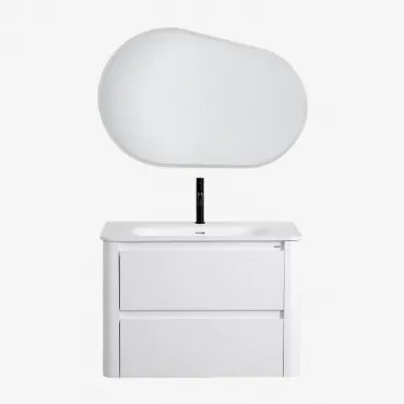 Badkamermeubelset In Hout Met Geïntegreerde Wastafel Egerton Wit & Ovaal Led En Anticondens 100x65 Cm Meunier & Zwart ↑20 - Sklum