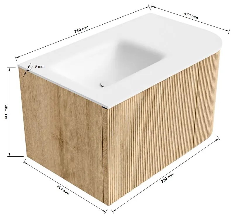 Mondiaz Kurve 75cm badmeubel ronding rechts oak met 1 lade en deur en wastafel grunne links zonder kraangat