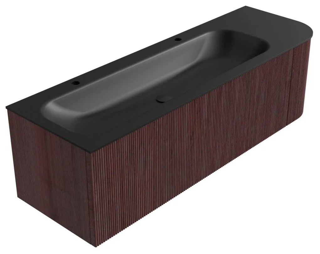Mondiaz Kurve 145cm badmeubel ronding rechts ruby met 1 lade en deur en wastafel big large links 2 kraangaten urban
