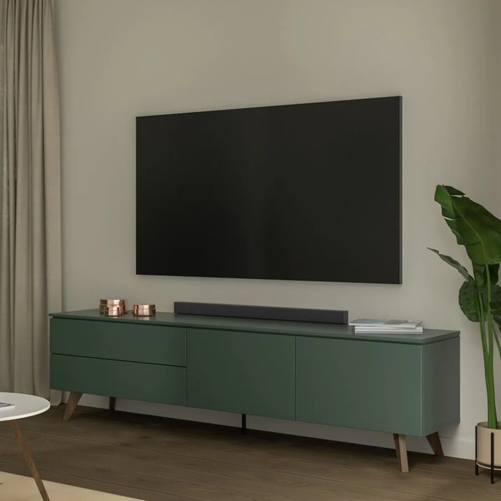 Tenzo Plain Mat Groen Tv-meubel Modern Walnoot Poot - 210x45x57cm.