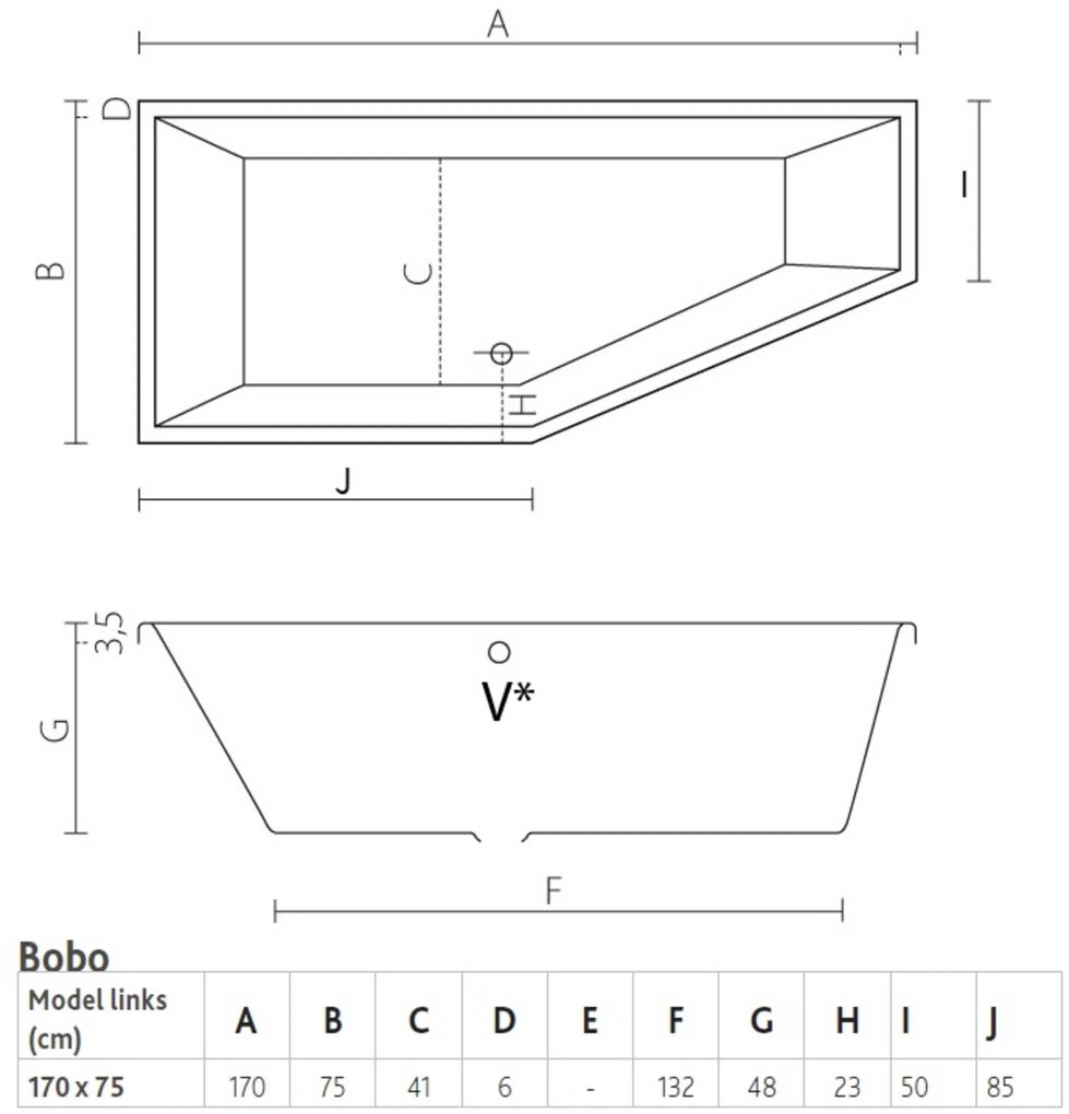 Ben Bobo Bad Afgeschuind 170x75cm links Wit