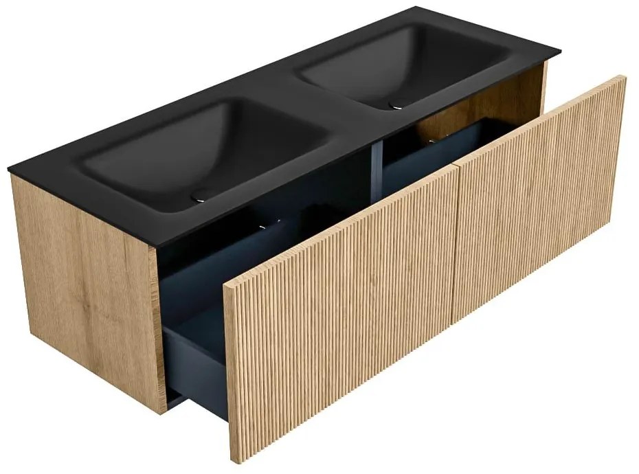 Mondiaz Kurve 130cm badmeubel oak met 2 lades en wastafel cloud dubbel zonder kraangat urban