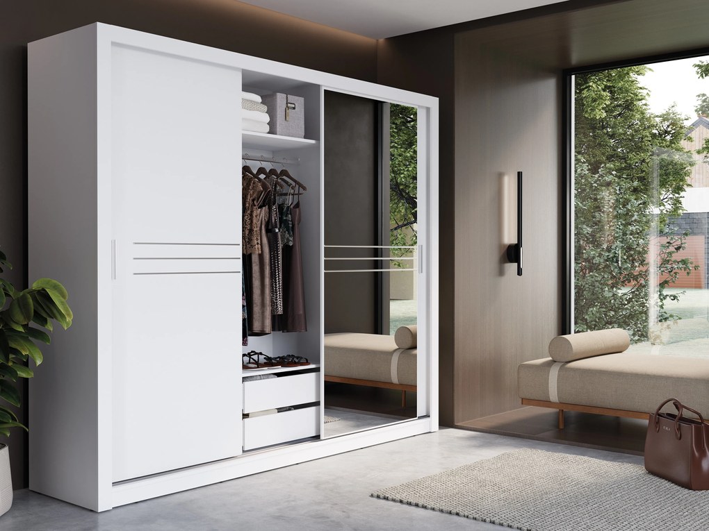 Kledingkast Cirdelu 111, Wit, 215x250x60cm, 241 kg, Kledingkast deuren: Schuivend, Aantal planken: 10, Aantal planken: 10