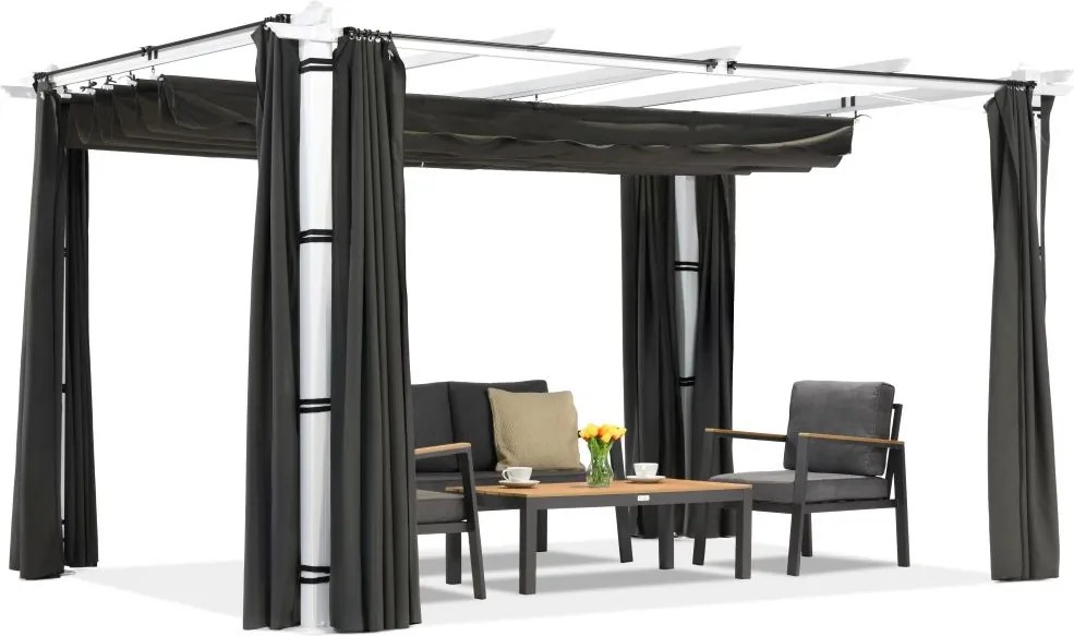 Barbados terraspergola 3x4 m met Garden Point gordijnen wit-antraciet