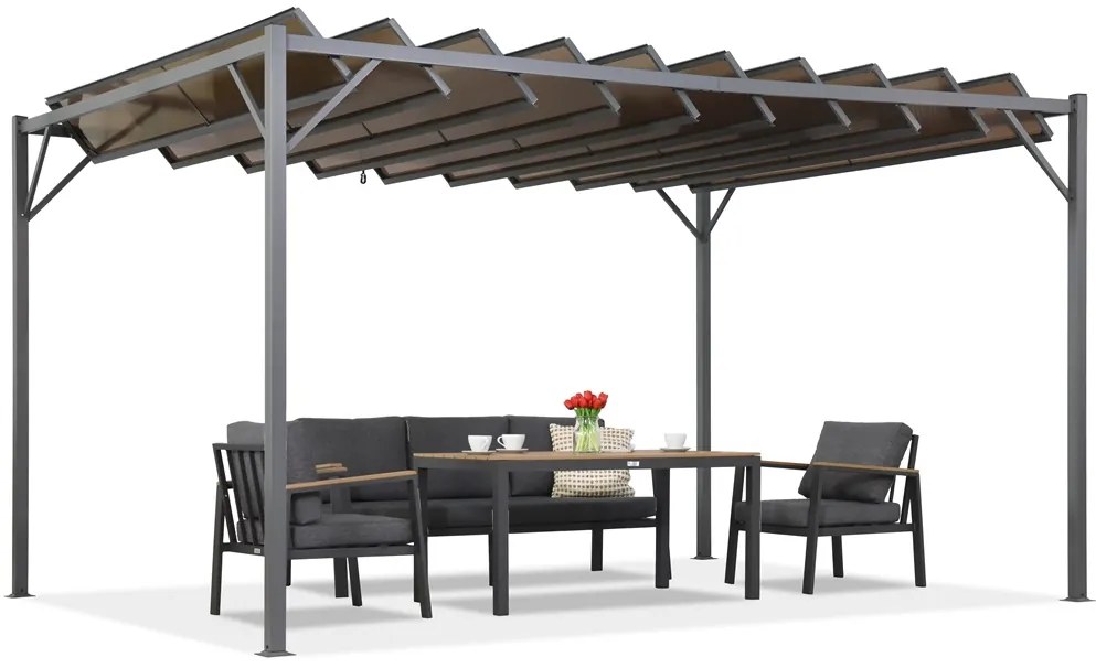 Antraciet Paros terraspergola 3x4m met muggengaas Tuinpunt