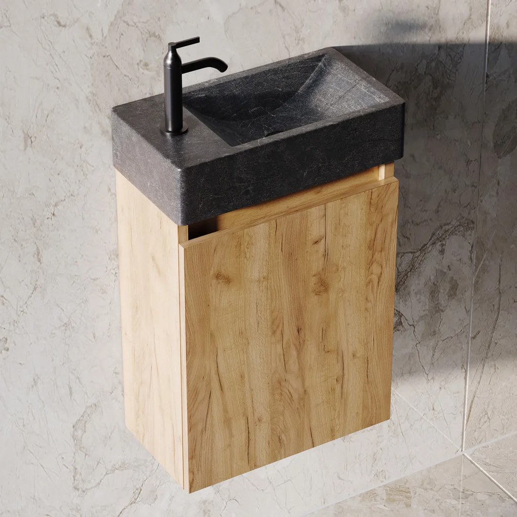 Fontana Recto toiletmeubel warm eiken 40x22cm met natuurstenen fontein links