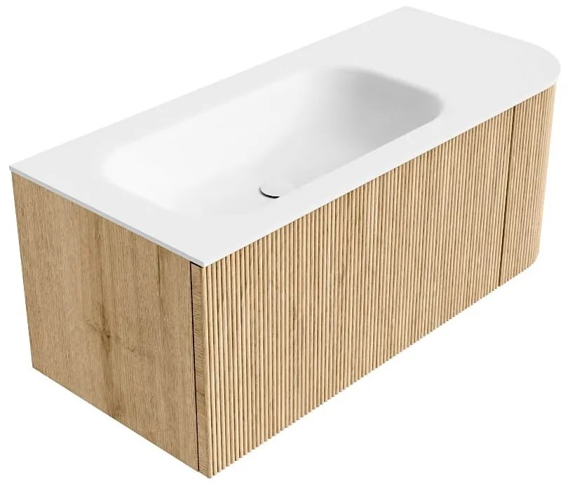 Mondiaz Kurve 105cm badmeubel ronding rechts oak met 1 lade en deur en wastafel big small links zonder kraangat