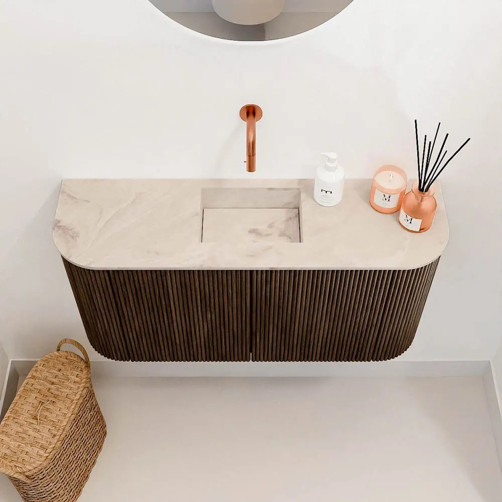 Mondiaz Joya DLux 85cm toiletmeubel ronding links/rechts walnut met wastafel faye midden zonder kraangat frappe