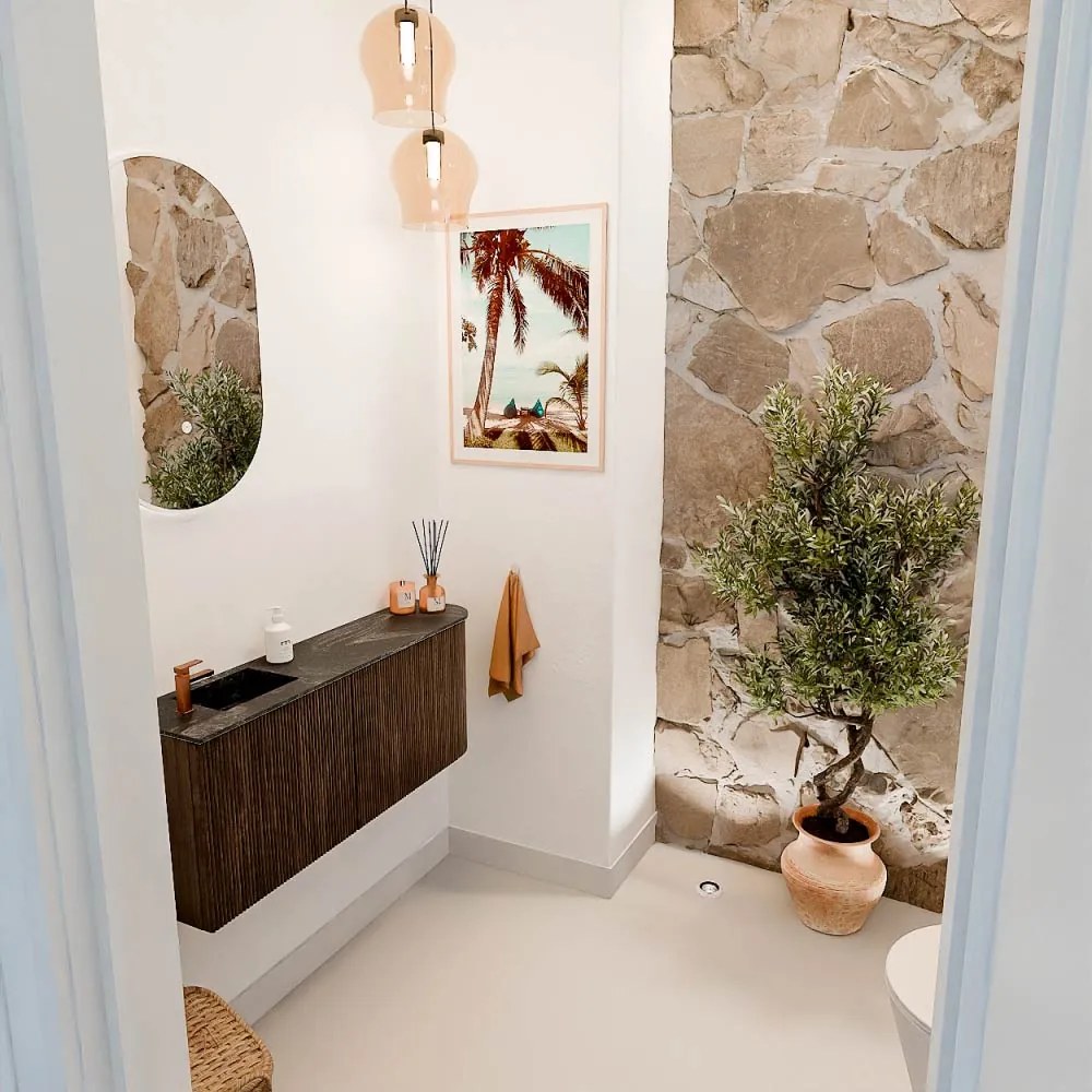 Mondiaz Joya DLux 100cm toiletmeubel ronding rechts walnut met wastafel faye links 1 kraangat lava