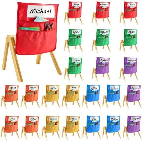 VEVOR Classroom Chair Pocket, 24-pack, 47 x 51 cm, rugleuningzak met naamplaatje, 6 kleuren, stoelrugorganizer voor kinderen in het klaslokaal, de kleuterschool, op school en thuis