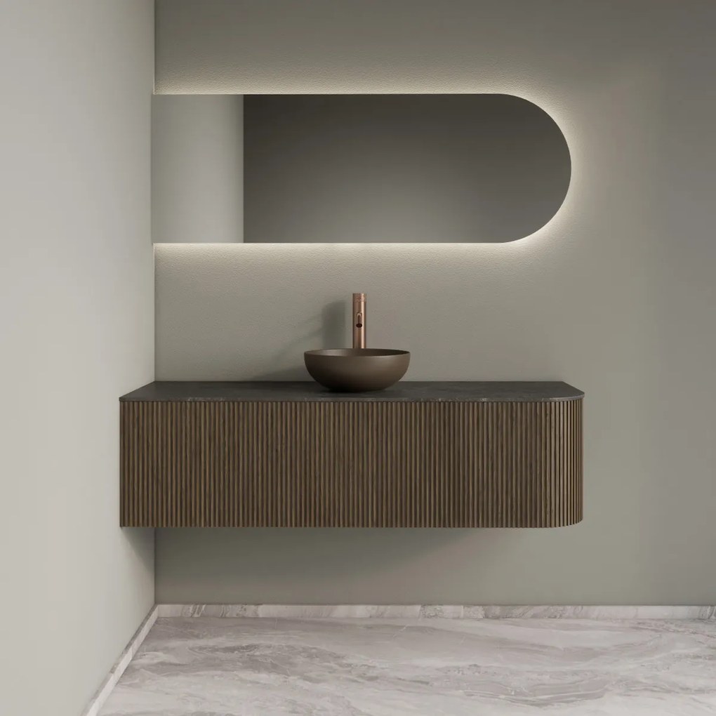Gliss Design Alluro badmeubel ribbelfront met ronding rechts 140cm ash grey en zwart leisteen toppaneel