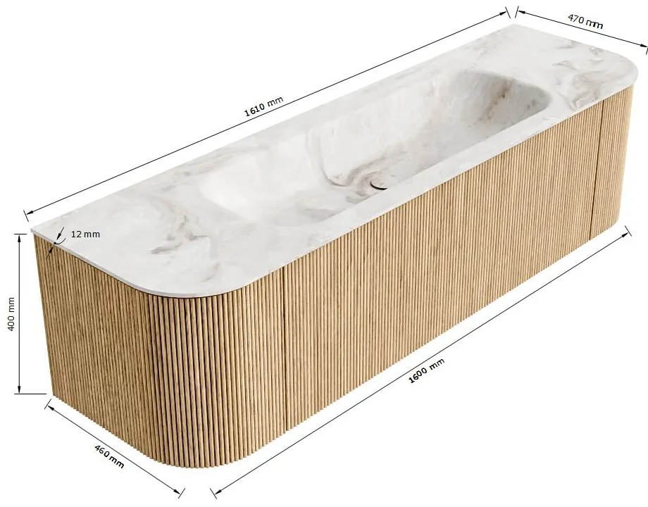 Mondiaz Kurve-dlux 160cm badmeubel ronding links/rechts walnut met 1 lade en 2 deuren en wastafel big medium midden 1 kraangat glace