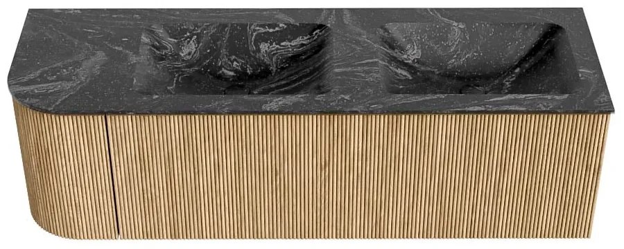 Mondiaz Kurve-dlux 145cm badmeubel ronding links oak met 1 lade en deur en wastafel leaf dubbel/rechts zonder kraangat lava