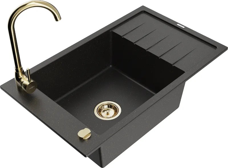 Mexen Elias granitische spoelbak met 1 bak en afdruiprek en keukenmengkraan Telma, zwart/goud - 6511-75-670200-50