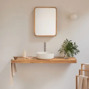 Conjunto Van Meubel 130x45 Cm Hangend In Teakhout Neill Teakhout & Rond Keramiek Wit Ø40 Cm Lenka & Rechthoekig Met Opbergruimte Hout 45x60 Cm Ian -