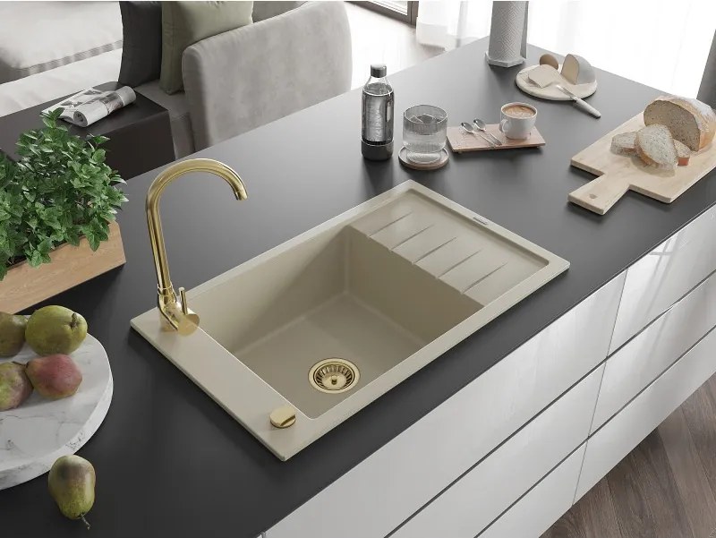 Mexen Elias granieten spoelbak met 1 kom en afdruiprek 795 x 480 mm, beige, gouden sifon - 6511791005-69-G