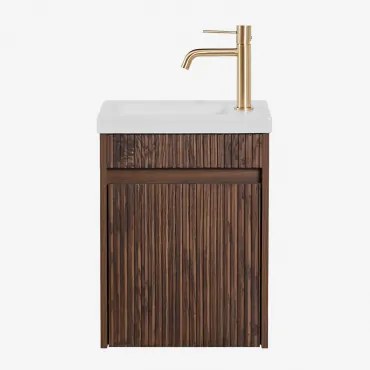 Narek Zwevend Houten Badkamermeubelset Met Geïntegreerde Wastafel Spiegelloze & Geborsteld Goud ↑20 Cm Met Aftapkraan Zonder Overloop Orveta & Donker