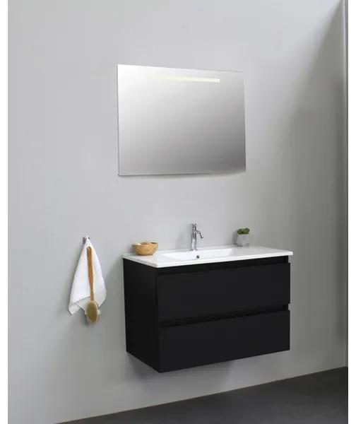 Adema Bella badmeubel met keramiek wastafel 1 kraangat met spiegel met licht 80x55x46cm Zwart mat Flat Pack SWFP80MZP1SPIL