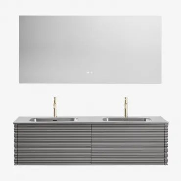 Conjunto Vaniteit Hangend 160x50 Cm In Hout Met Geïntegreerde Waskommen Noura Rectangular Led And Antifog 160x75 Cm Riben & Grijs – Nikkel & 2 X Gebor