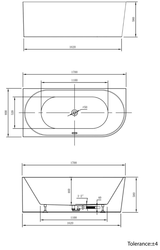 Aqualine Tibera half-vrijstaand ligbad links 170x80x58cm wit