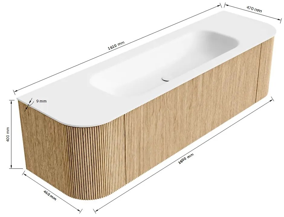 Mondiaz Kurve 160cm badmeubel ronding links/rechts oak met 1 lade en 2 deuren en wastafel big medium midden zonder kraangat urban