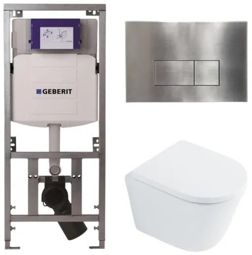 QeramiQ Dely Toiletset - 36.3x51.7cm - diepspoel - rimless - Geberit UP320 Burda inbouwreservoir - softclose toilet zitting 35 mm - steel bedieningsplaat - rechthoekige knoppen - wit glans SW1026255 / SW1159505/0701131/SW706195