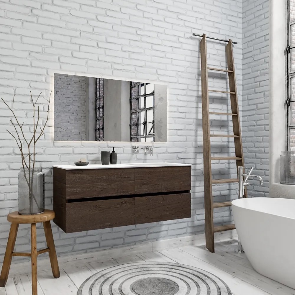 Zaro Valencia Solid Surface badmeubel 120cm donker eiken zonder kraangat spoelbak rechts met 4 lades