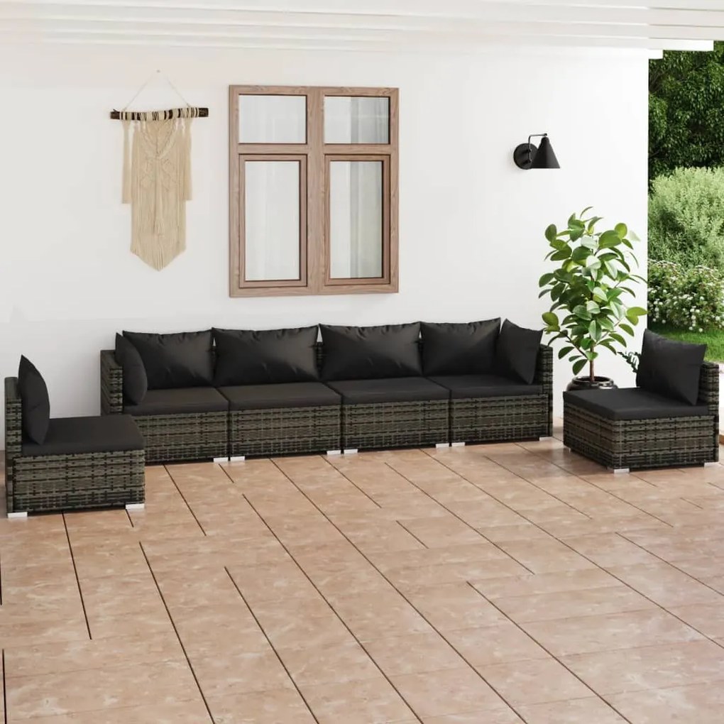 vidaXL 6-delige Loungeset met kussens poly rattan grijs