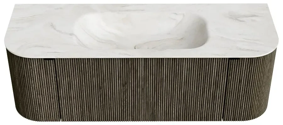 Mondiaz Kurve-dlux 130cm badmeubel ronding links/rechts shadow met 1 lade en 2 deuren en wastafel big small midden 1 kraangat ostra
