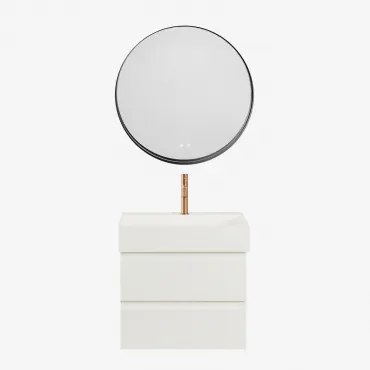 Ona Zwevend Badkamermeubelset Van Hout En Essenfineer Met Geïntegreerde Wastafel Wit & Round Led And Antifog Zwart Ø80 Cm - Sklum