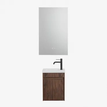 Narek Zwevend Houten Badkamermeubelset Met Geïntegreerde Wastafel Mat Zwart ↑20 Cm Met Afvoerkraan Zonder Overloop Orveta & Rectangular Led And Antifo