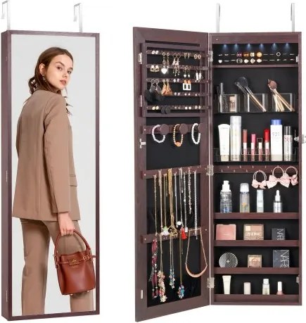 VEVOR afsluitbare sieradenkast 108 cm hoog, sieradenopbergruimte met lange spiegel, aan de muur te bevestigen sieradenspiegelorganizer met led-binnenverlichting en fluwelen voering, bruin