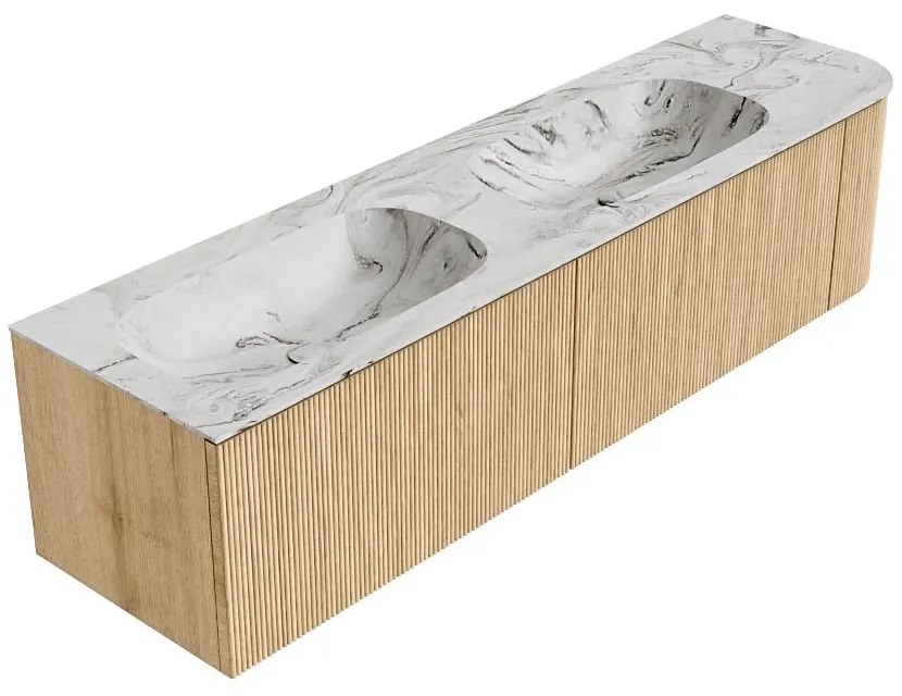 Mondiaz Kurve-dlux 175cm badmeubel ronding rechts oak met 2 lades en 1 deur en wastafel stor small dubbel/links zonder kraangat glace