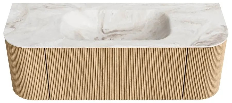 Mondiaz Kurve-dlux 130cm badmeubel ronding links/rechts oak met 1 lade en 2 deuren en wastafel big small midden 1 kraangat frappe