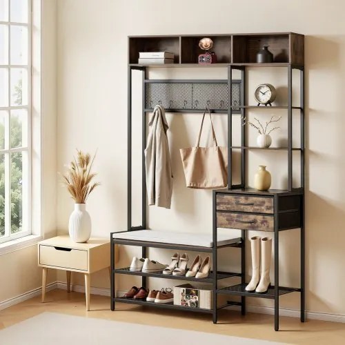 VEVOR Multifunctionele halgarderobe (120 x 40 x 180 cm) met schoenenbankje en 2 lades, kapstok met boekenplank en metalen rooster, kledingkast met stalen frame voor entree of slaapkamer