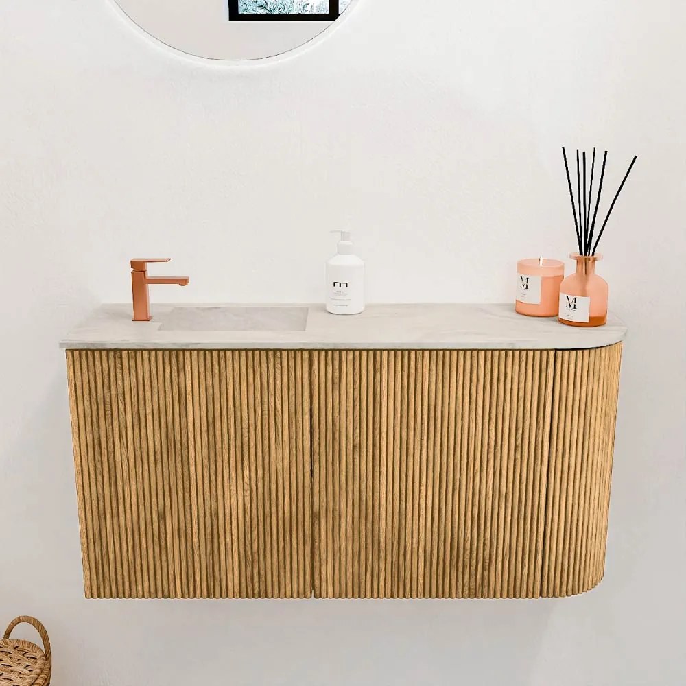 Mondiaz Joya DLux 80cm toiletmeubel ronding rechts oak met wastafel faye links 1 kraangat ostra