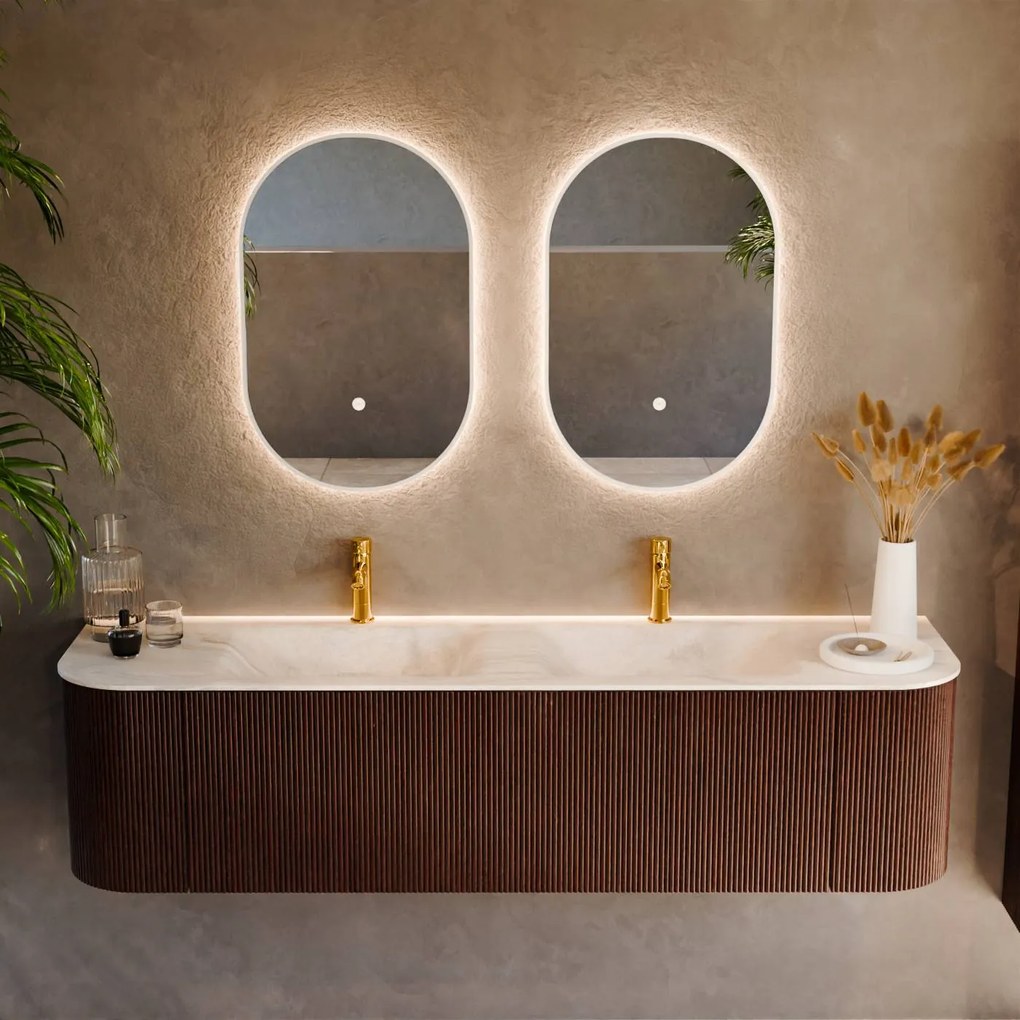 Mondiaz Kurve-dlux 170cm badmeubel ronding links/rechts ruby met 1 lade en 2 deuren en wastafel leaf dubbel 2 kraangaten ostra