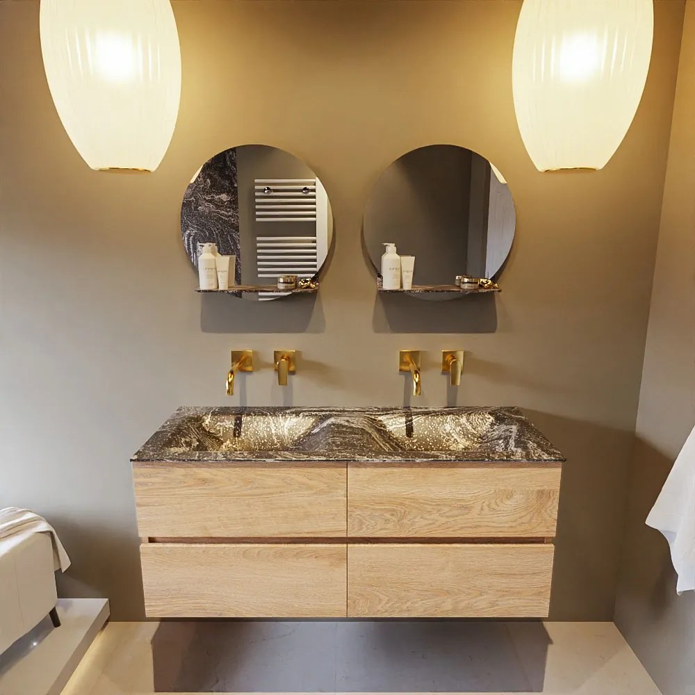 Mondiaz Vica DLux badmeubel 120cm washed oak 4 lades met wastafel lava dubbel zonder kraangat