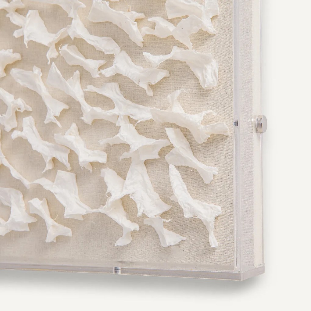 Papier-maché muurdecoratie onder plexiglas, Sudjo