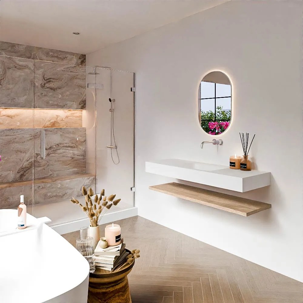 Zaro Alan badmeubel 130cm met planchet washed oak en vrijhangende wastafel cloud midden zonder kraangat talc
