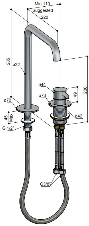 Hotbath ACE 2-gats wastafelkraan verhoogd messing geborsteld PVD