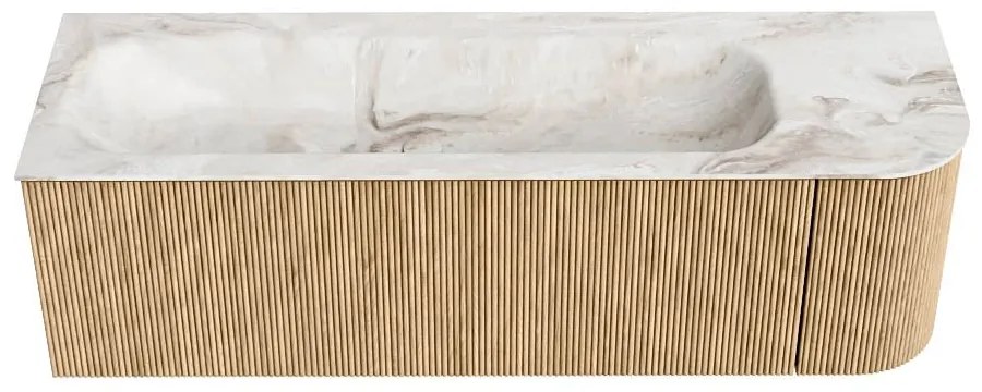 Mondiaz Kurve-dlux 145cm badmeubel ronding rechts oak met 1 lade en deur en wastafel big large links 2 kraangaten frappe