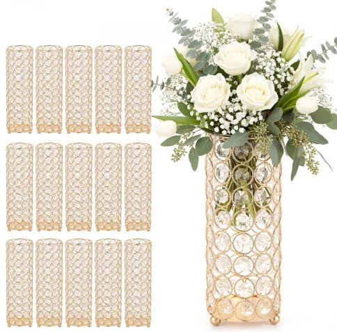VEVOR 16 stuks trouwvazen, bloemvazen ​​voor bruiloften, 26 cm hoog, metalen bloemvazen ​​met bloemenstandaard, kristallen cilindervaas voor bruiloften, feesten, jubilea en ceremonies, goudkleurig
