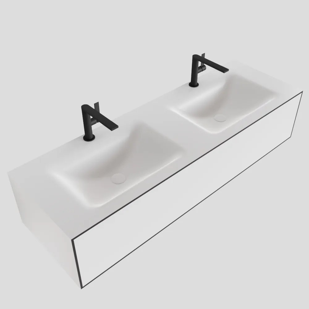 Zaro Lagom volledig naadloos solid surface onderkast 140cm mat zwart met 1 lade Push tot open. Compleet met solid surface wastafel met 2 kraangat(en)