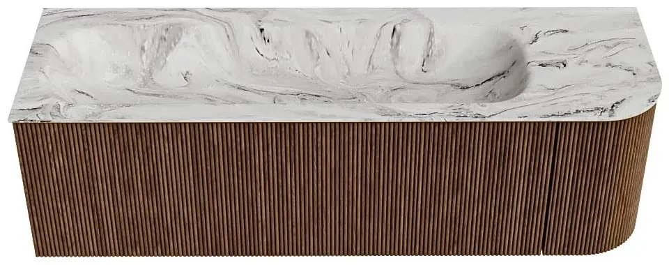 Mondiaz Kurve-dlux 145cm badmeubel ronding rechts walnut met 1 lade en deur en wastafel big large links zonder kraangat glace