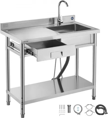 VEVOR RVS spoelbak (100 x 50 x 94 cm), enkele kom met kraan en lade, keukengootsteen voor garage, restaurant, wasruimte, buitenwasbak met werkblad (links)