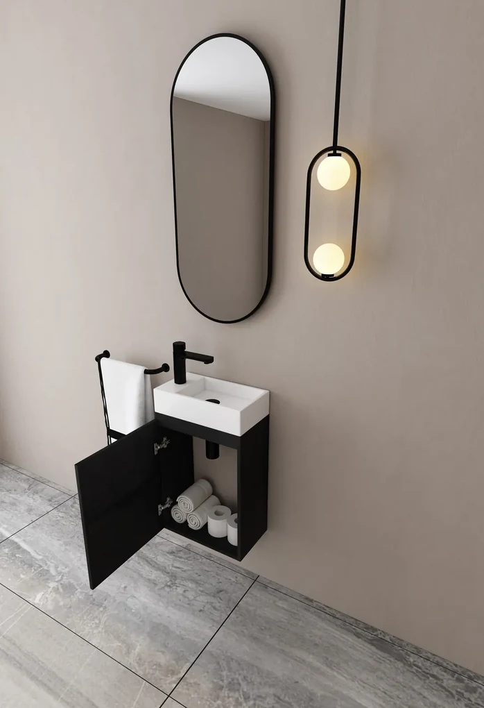 MD Interior Eden toiletmeubel zwart mangohout links met solid surface fontein links