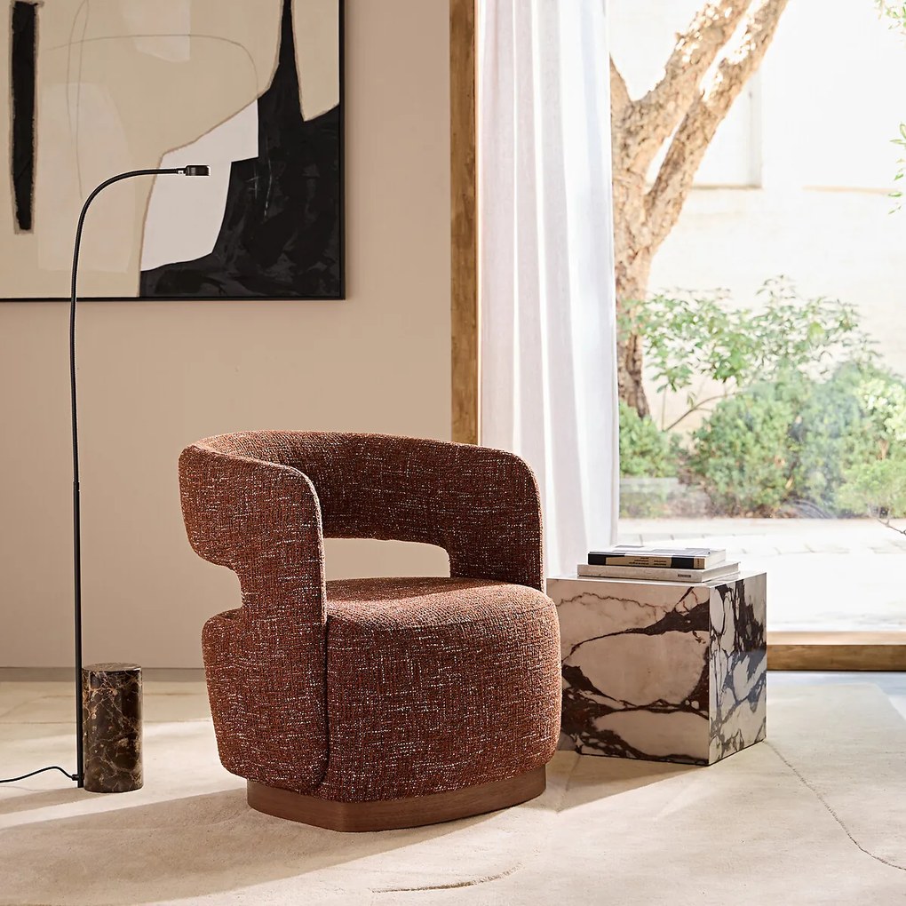 Draaifauteuil met walnoten onderstel, stof met structuur, Jesper