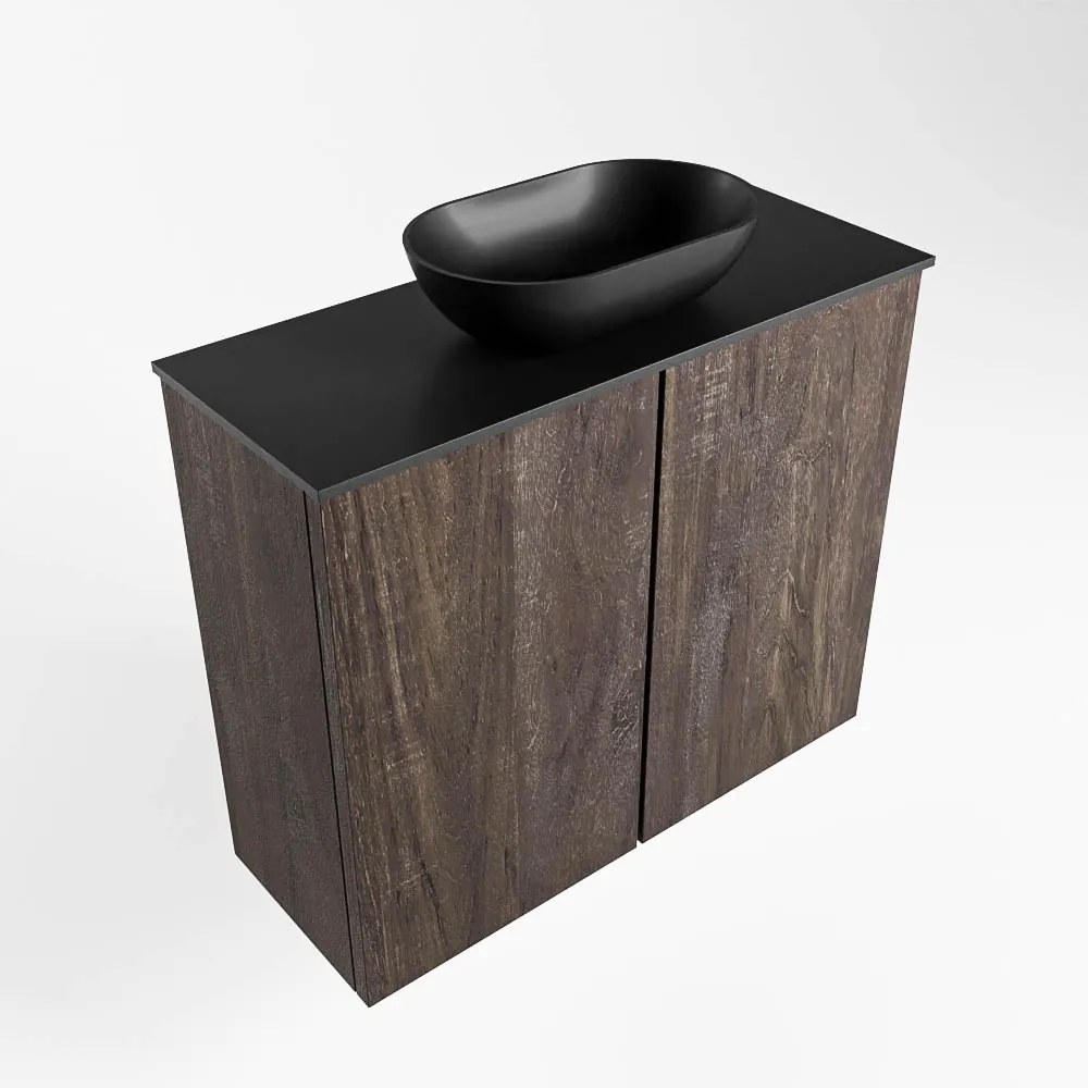 Mondiaz Fowy toiletmeubel 60cm dark brown met zwarte waskom midden zonder kraangat