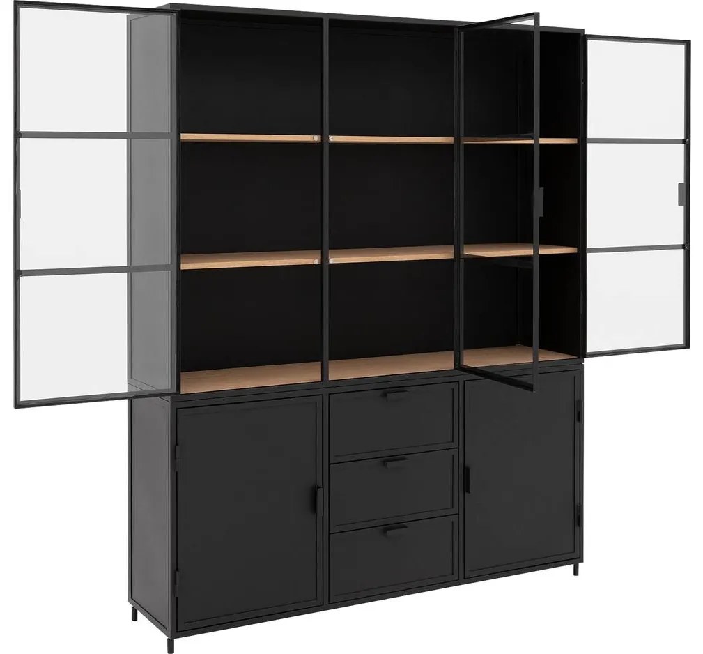 Goossens Buffetkast Metallo, 3 glasdeuren 2 dichte deuren 3 laden, blank eiken, 160 x 200 x 40 cm, urban industrieel